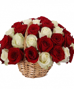 Фото товара 33 красно-белые розы в корзине в Мариуполе