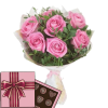 Фото товара 7 розовых роз с зеленью и конфеты в Мариуполе