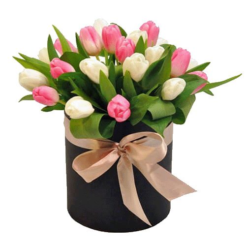 Фото товара 25 тюльпанов в шляпной коробке в Мариуполе