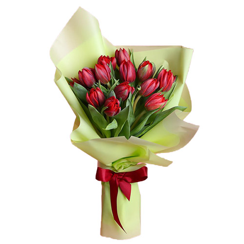 Фото товара 15 красных тюльпанов в зелёной упаковке в Мариуполе