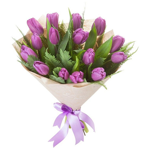 Фото товара 15 фиолетовых тюльпанов с декором в Мариуполе