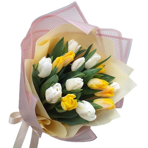 Фото товара 15 бело-жёлтых тюльпанов в Мариуполе